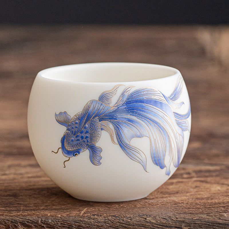 Buddha Stones Koi Fish White Porcelain Ceramic Teacup Kung Fu Tea Cup