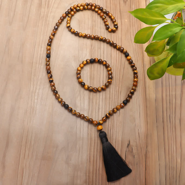 Buddha Stones 108 Beads Mala Tiger Eye Protection Tassel Bracelet