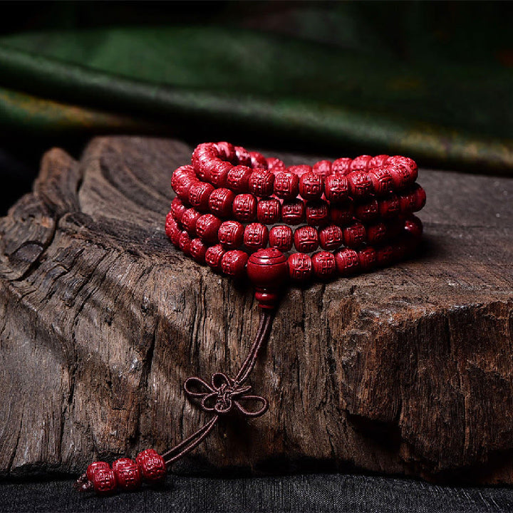 Buddha Stones 108 Mala Beads Cinnabar Om Mani Padme Hum Pattern Engraved Blessing Bracelet