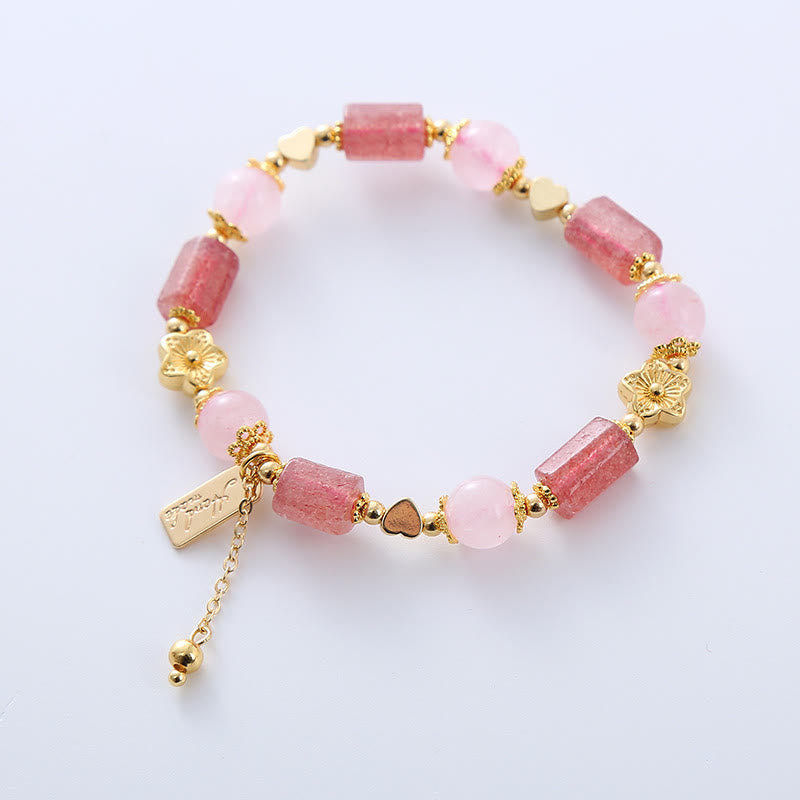 Buddha Stones Strawberry Quartz Pink Crystal Love Heart Flower Positive Bracelet