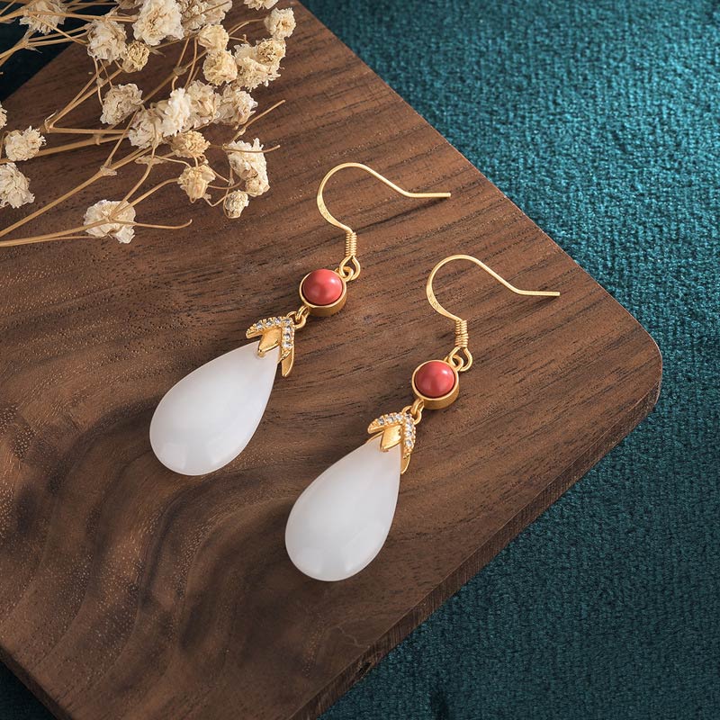 Buddha Stones FengShui White Jade Luck Drop Earrings