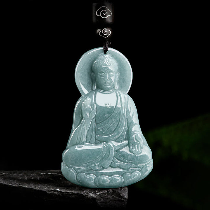 Buddha Stones Amitabha Buddha Natural Jade Lotus Amulet Compassion String Necklace Pendant