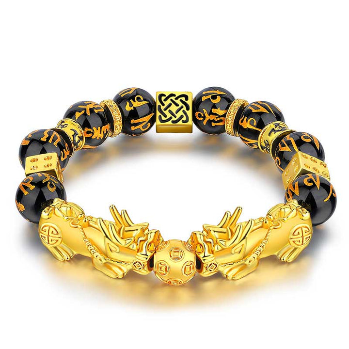 Buddha Stones FengShui Double PiXiu Obsidian Om Mani Padme Hum Wealth Bracelet