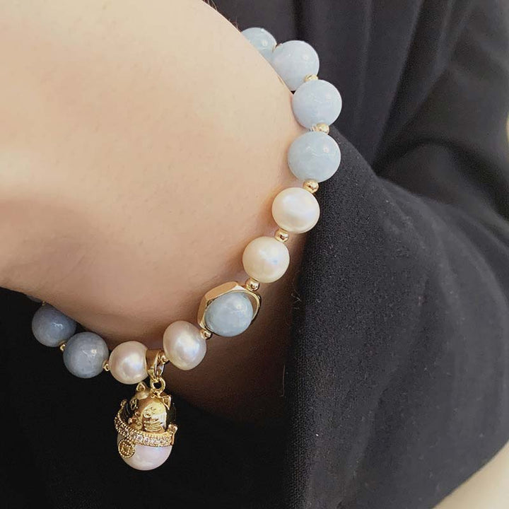 Buddha Stones Aquamarine Pearl Peace Healing Lucky Cat Charm Bracelet