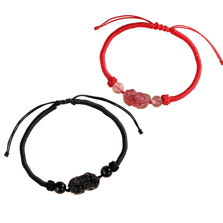 Buddha Stones Handmade Natural Silver Sheen Obsidian Strawberry Quartz PiXiu Protection Braided Bracelet