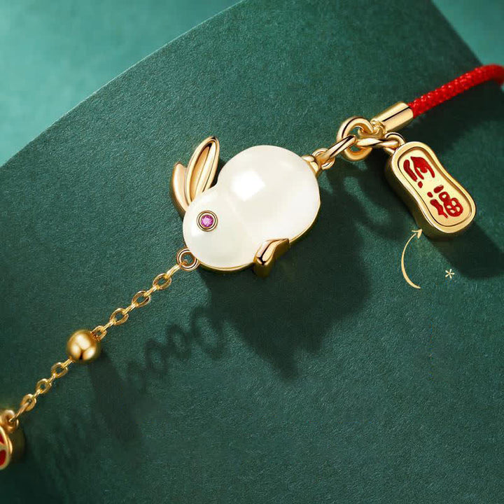 Buddha Stones Year of the Rabbit White Jade Happiness Red String Chain Bracelet