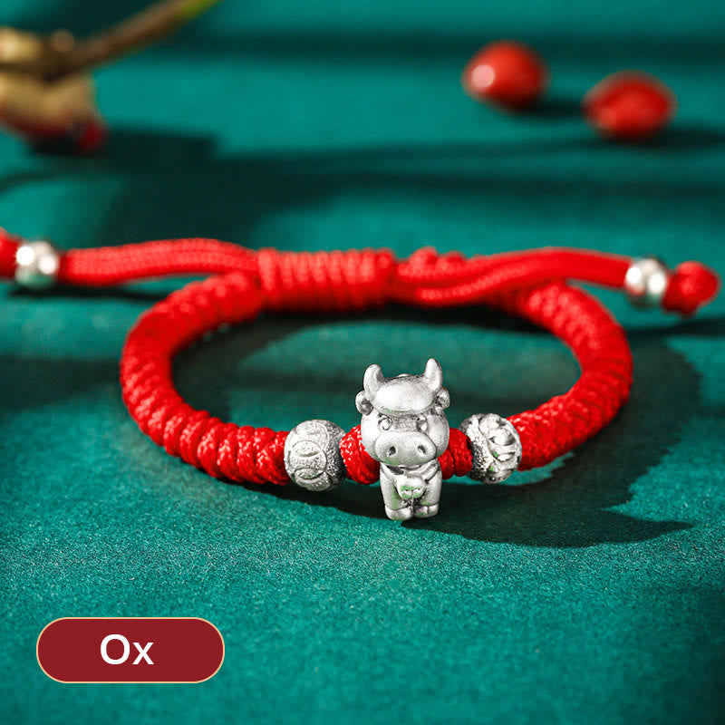 Buddha Stones 999 Sterling Silver Chinese Zodiac Red Rope Luck Handcrafted Kids Bracelet