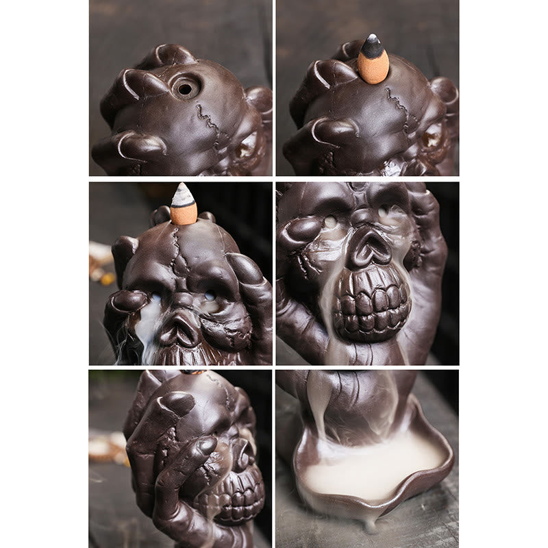 Buddha Stones Halloween Skull With Ghost Hand Purple Clay Spiritual Incense Burner Decoration