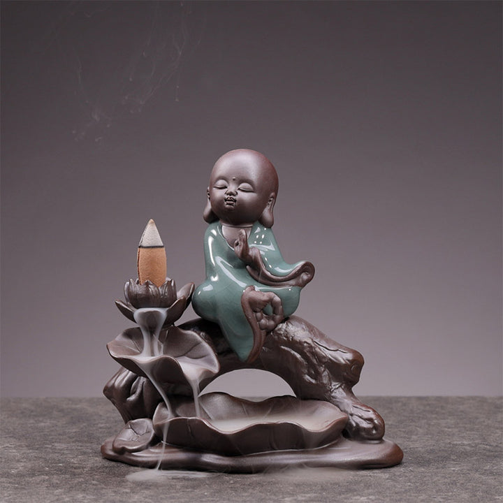 Buddha Little Monk Ceramic Lotus Blessing Incense Burner Decoration