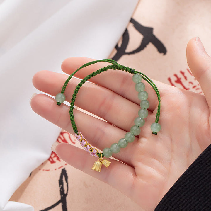 Buddha Stones Handmade Jade Bead Lily of the Valley Charm Luck Braided Bracelet