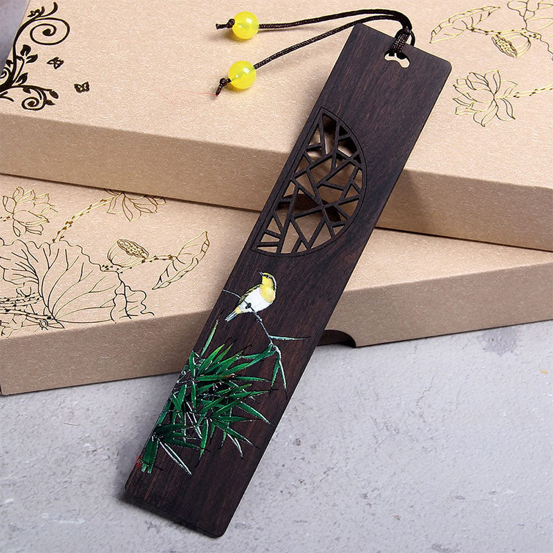 Buddha Stones Green Lotus Bamboo Oriole Ebony Wood Bookmarks With Gift Box