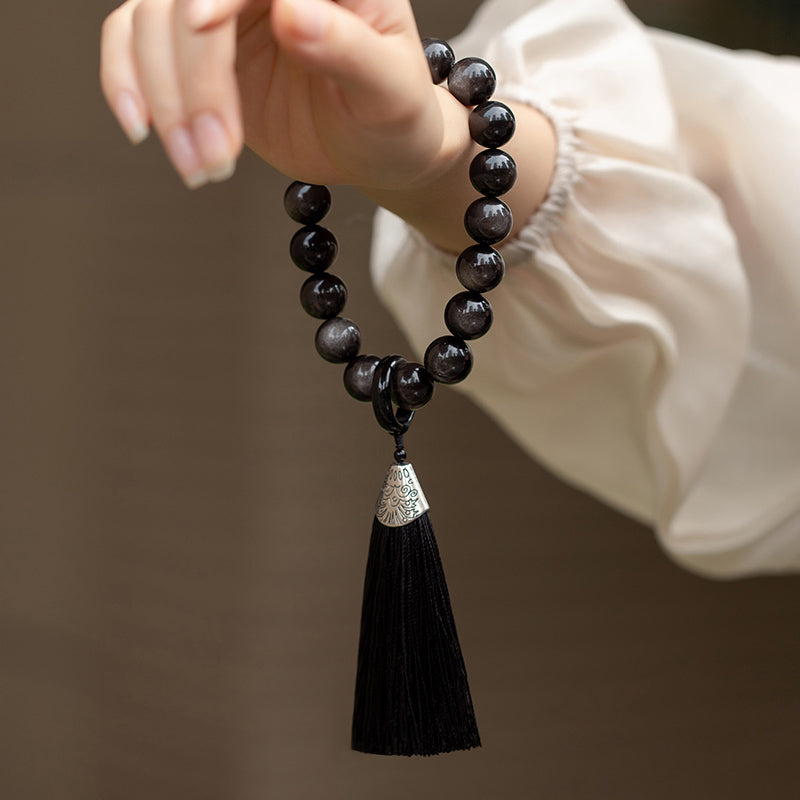 Natural Silver Sheen Obsidian Black Obsidian Lion Wrist Mala Protection Tassels Pocket Mala Car Decoration