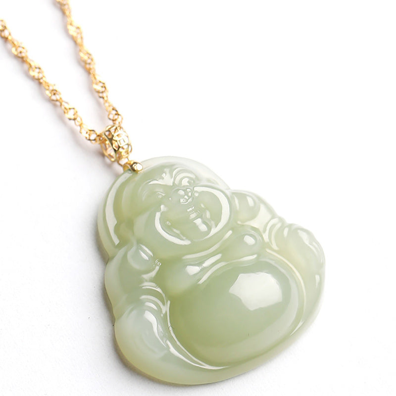 925 Sterling Silver Laughing Buddha Cyan Jade 18K Gold Success Necklace Pendant