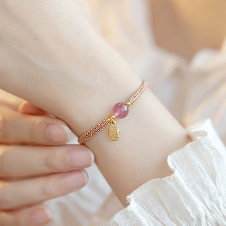 Buddha Stones Handmade Strawberry Quartz Hetian Jade Bead Fu Character Healing Bracelet
