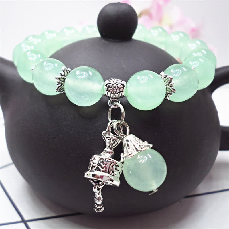 Vintage Crystal Chalcedony Stone Energy Beaded Bell Charm Bracelet