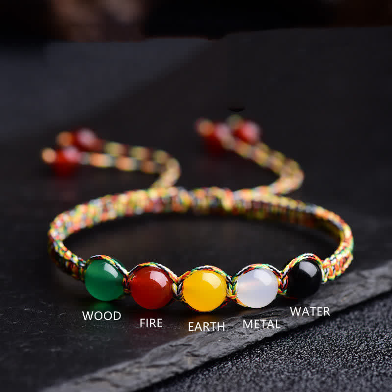 Colorful Agate Metal Wood Water Fire Earth Five Elements String Bracelet