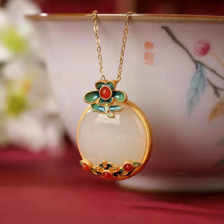 White Jade Red Agate Flower Blessing Luck Necklace Pendant