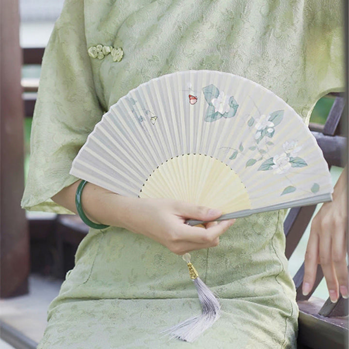 Buddha Stones Jasmine Flowers Handheld Bamboo Folding Fan