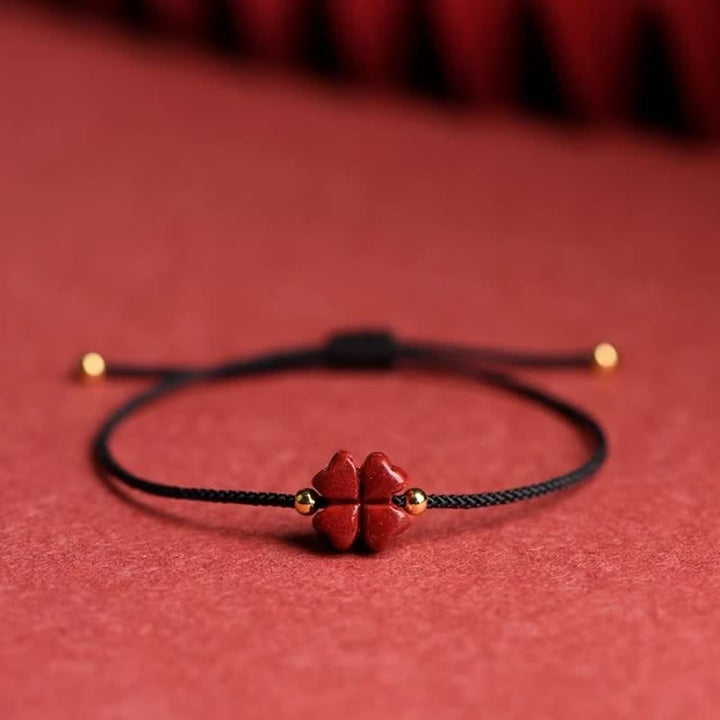 Buddha Stones Natural Cinnabar Four Leaf Clover Blessing Red String Bracelet Anklet