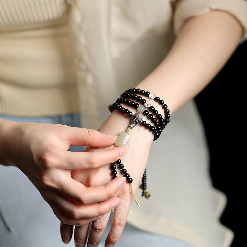 Tibetan Black Onyx Hetian Jade 108 Mala Beads Fortune Bracelet