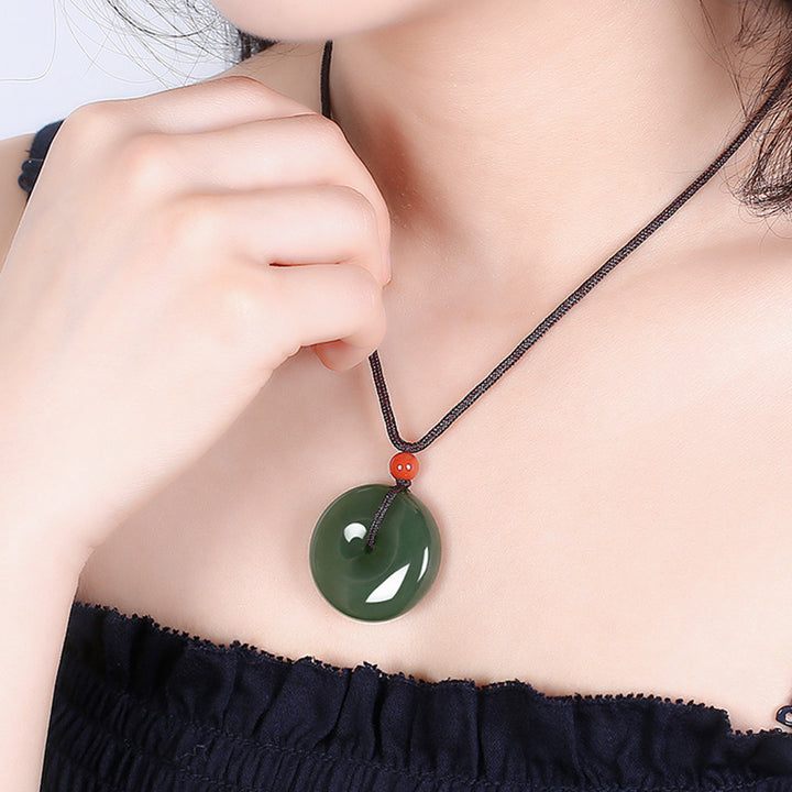 Natural Round Jade Peace Buckle Prosperity Necklace String Pendant