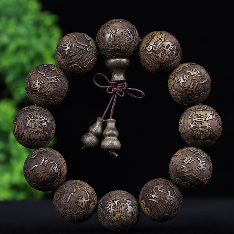 Buddha Stones Chinese Zodiac Rosewood Ebony Boxwood Copper Coin PiXiu Carved Warmth Bracelet