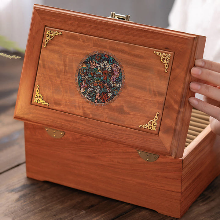 Antique Handmade Rosewood Jewelry Storage Box Lockable Large Double Layer Flower Wooden Gift Organizer Box