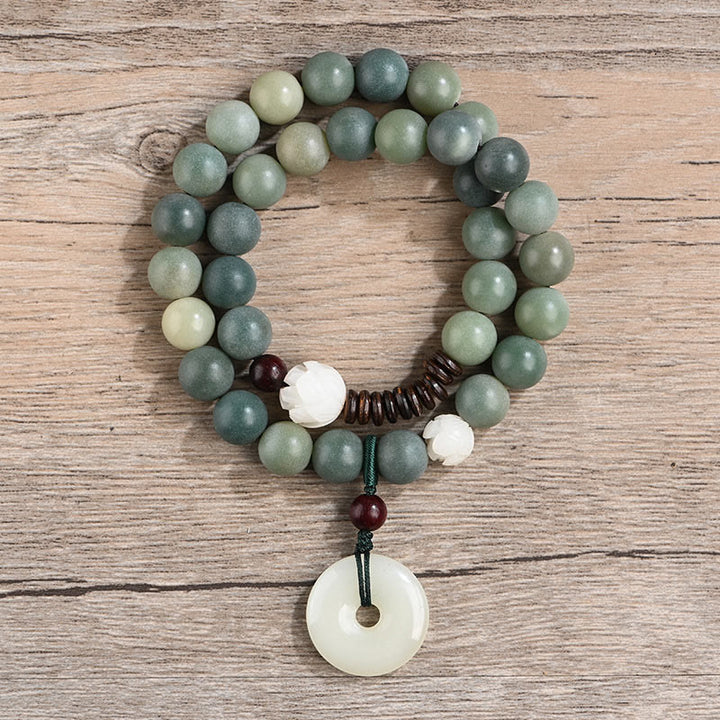 Cyan Bodhi Seed Lotus Jade Peace Buckle Wisdom Double Wrap Bracelet