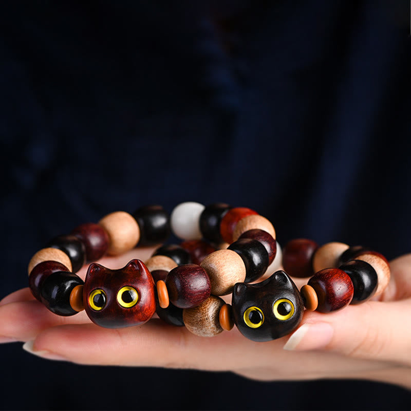 Buddha Stones Small Leaf Red Sandalwood Ebony Wood Cute Cat Engraved Protection Bracelet