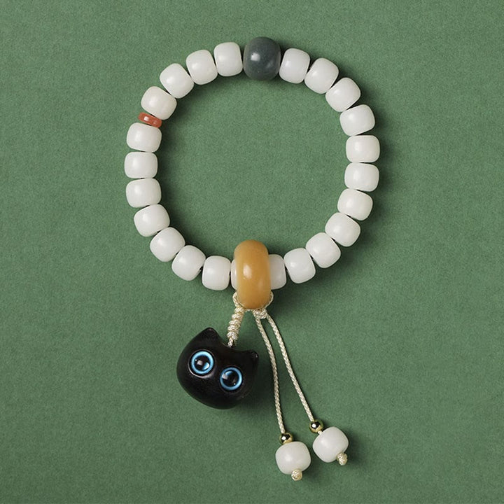 Buddha Stones Natural Bodhi Seed African Blackwood Lovely Cat Charm Peace Harmony Bracelet