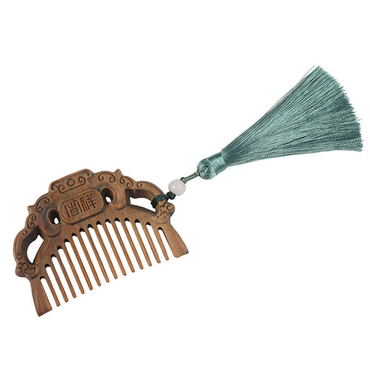 Green Sandalwood Fox Peony Flower Lotus Engraved Cure Tassel Comb