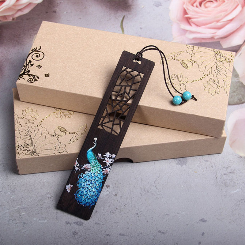 Buddha Stones Blue Peacock Ebony Wood Bookmarks With Gift Box