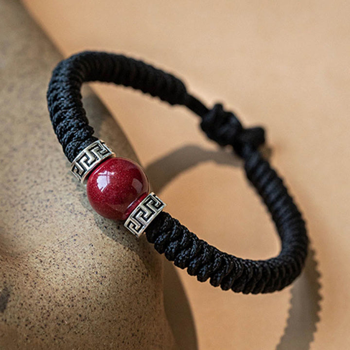 Buddha Stones 925 Sterling Silver Natural Cinnabar Bead Calm Handmade Braided String Bracelet