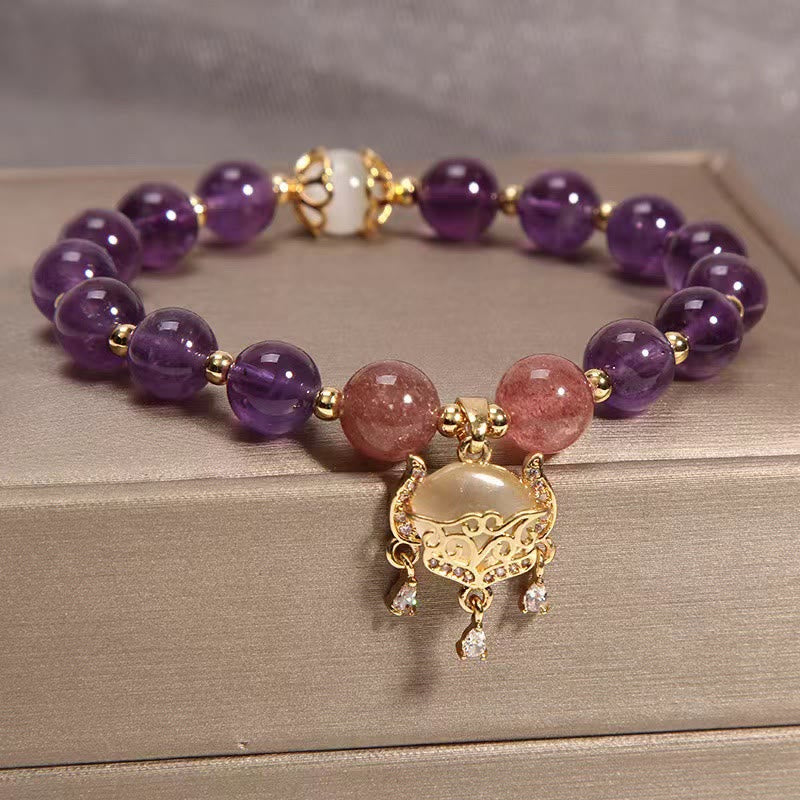 Buddha Stones Natural Amethyst Strawberry Quartz Cat Eye Chinese Lock Charm Healing Bracelet