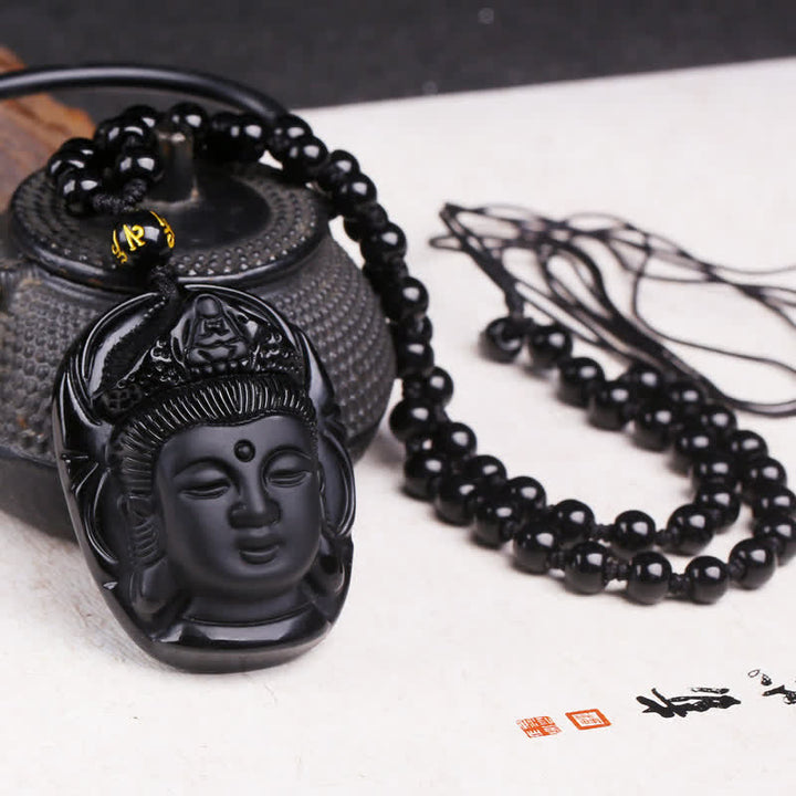 Buddha Stones Natural Black Obsidian Kwan Yin Avalokitesvara Strength String Necklace Pendant