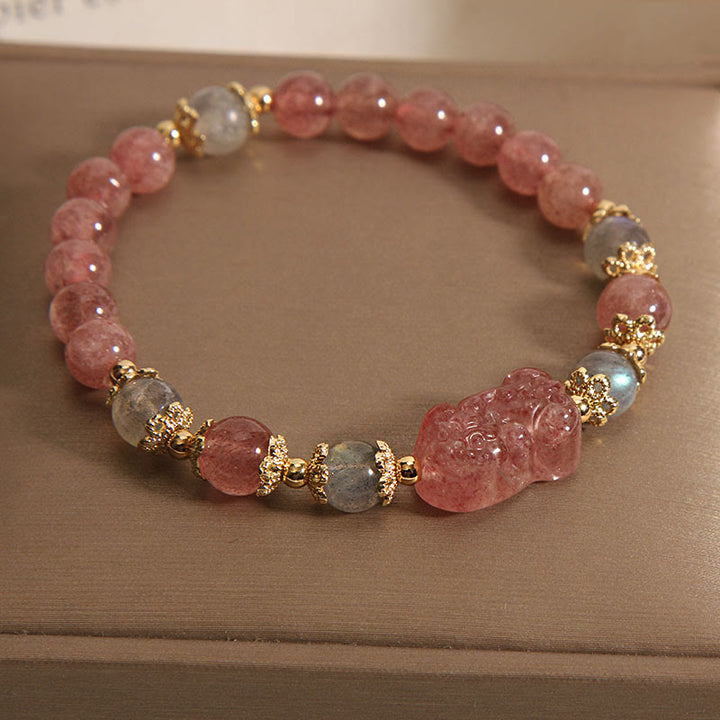 Buddha Stones Natural Strawberry Quartz Moonstone PiXiu Positive Bracelet