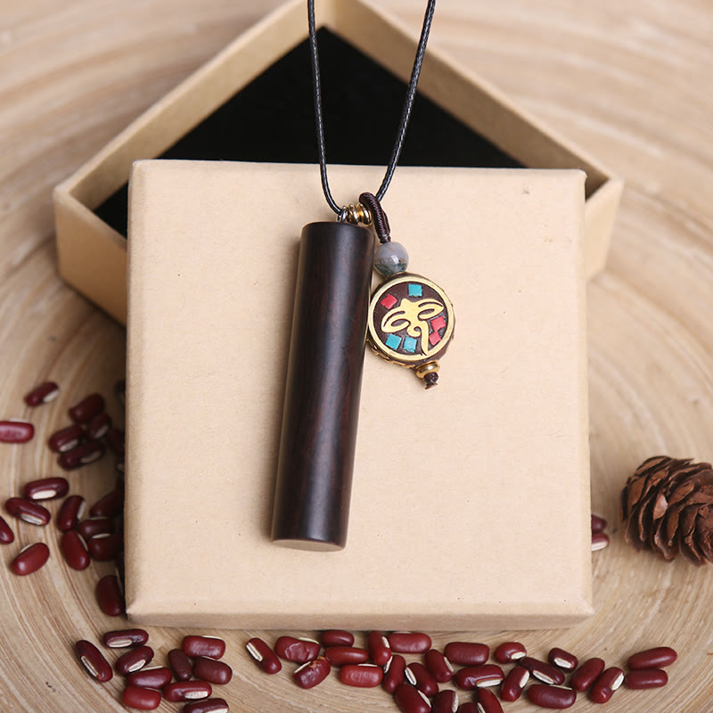 Tibetan Ebony Wood Dzi Bead Peace Calm Necklace Pendant