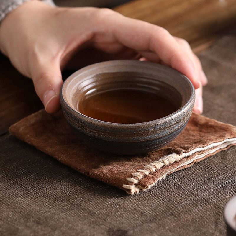 Buddha Stones Simple Brown Striped Texture Ceramic Teacup Kung Fu Tea Cup Bowl