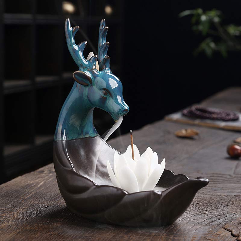 Buddha Stones Little Deer Ceramic Lotus Meditation Incense Burner Decoration