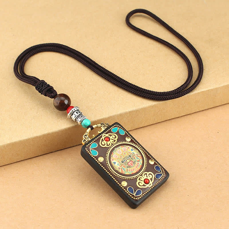 Buddha Stones Tibet God of Wealth Thangka Ebony Peace Necklace Pendant