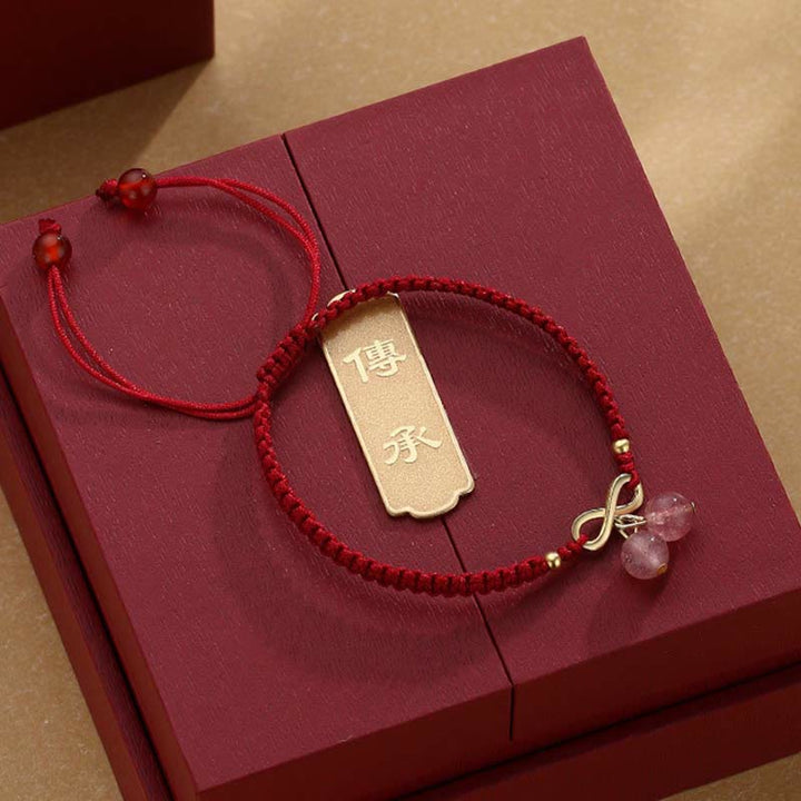 Buddha Stones Strawberry Quartz Crystal Endless Knot Love Healing Red String Weave Bracelet