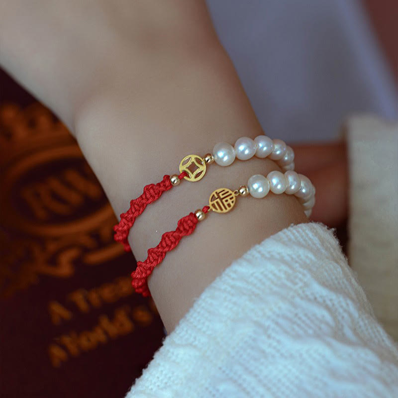 14K Gold Plated Pearl Bead Luck Protection Braid Red String Bracelet