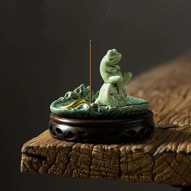 Buddha Stones Leaf Meditation Frog Pattern Healing Ceramic Incense Burner Decoration