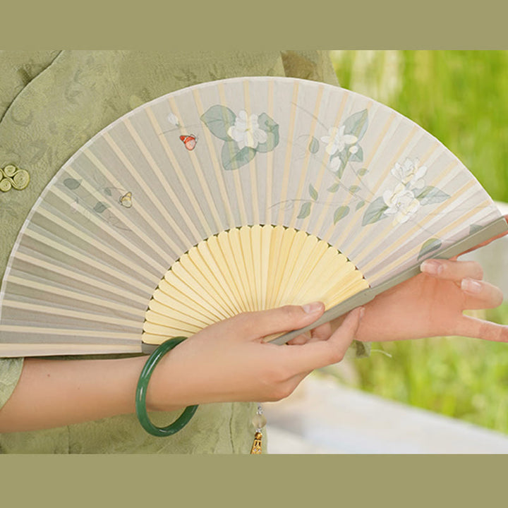 Buddha Stones Jasmine Flowers Handheld Bamboo Folding Fan