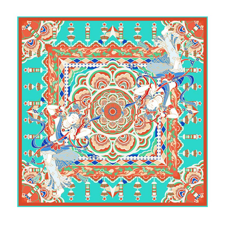 Buddha Stones Dunhuang Musician Playing Frescoes 100% Mulberry Silk Scarf Premium Grade 6A Dunhuang Silk Shawl