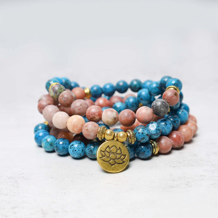 Buddha Stones 108 Mala Beads Apatite Red Stone Lotus Meditation Prayer Bead Bracelet