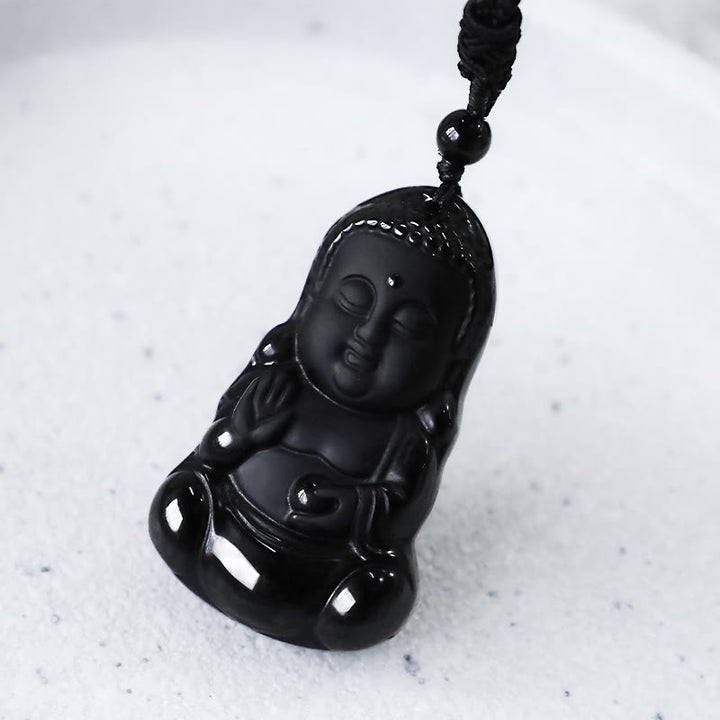 Buddha Stones Natural Black Obsidian Crystal Buddha Strength Protection Amulet Lucky Charm Pendant Necklace