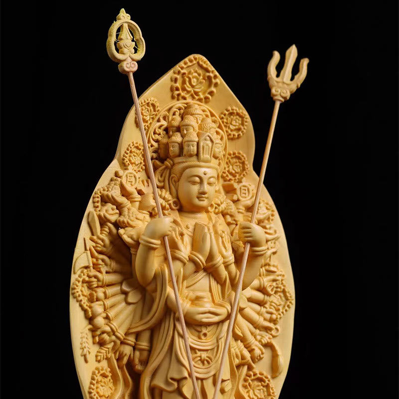 Buddha Stones Handmade Thousand-armed Avalokitesvara Kwan Yin Bodhisattva Statue Boxwood Abundance Home Decoration