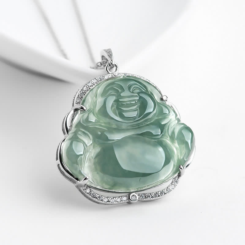 925 Sterling Silver Laughing Buddha Natural Jade Luck Necklace Chain Pendant