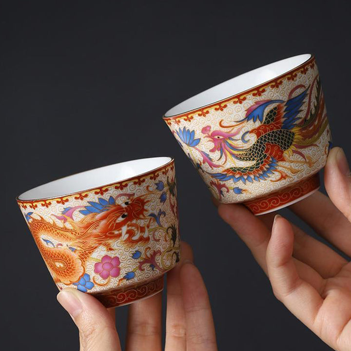 Buddha Stones 2Pcs Dragon Phoenix Ceramic Teacup Kung Fu Tea Cups